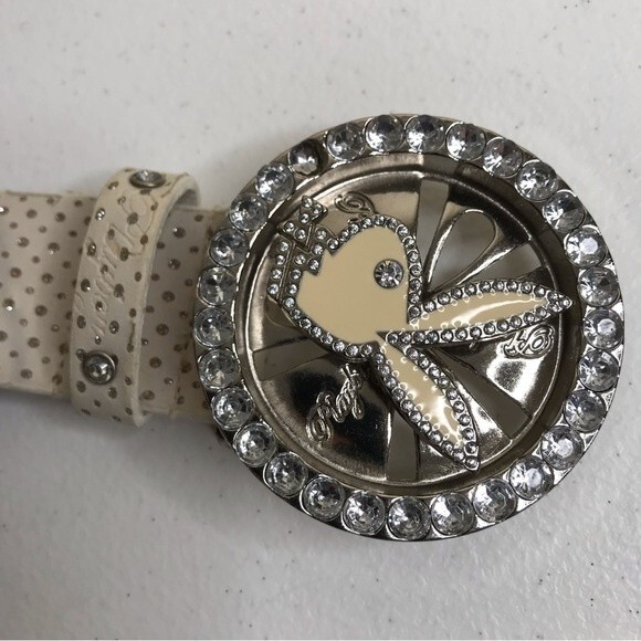 Vintage Playboy Y2K Bunny Spinner Rhinestone Enamel Buckle Bling Belt Off White - Picture 6 of 14